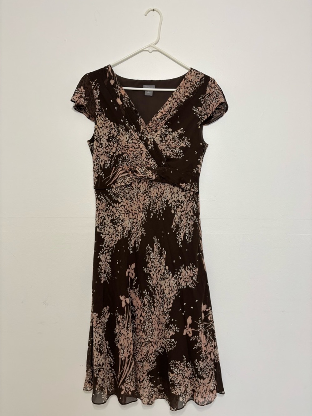 Ann Taylor Brown and Blush Floral Wrap-Style Midi Dress